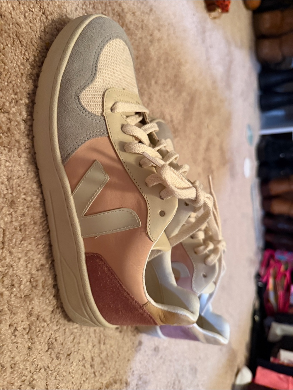 Women’s Veja Casual Lace-Up Sneakers in Blush and Cream